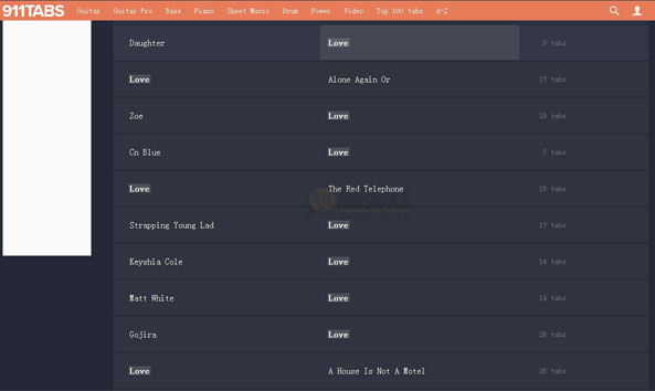 911Tabs:吉他和贝斯乐谱搜索引擎SERP