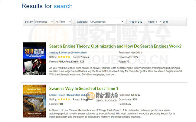 Free-ebooks搜索结果页面图