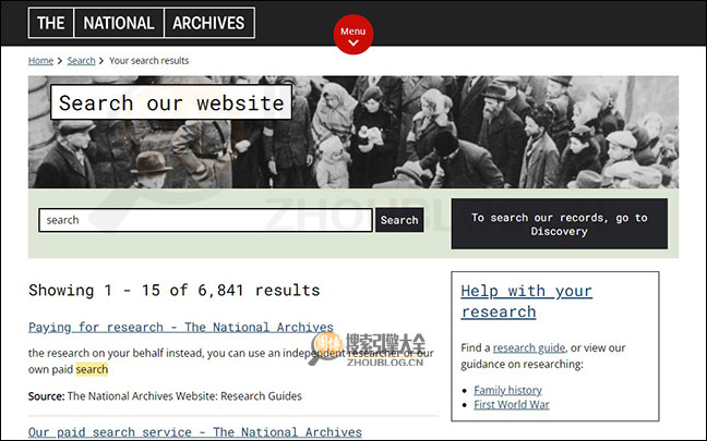 英国国家档案馆搜索结果页面图