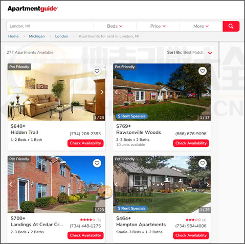 Apartment Guide搜索结果页面图
