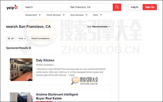 Yelp搜索结果页面图