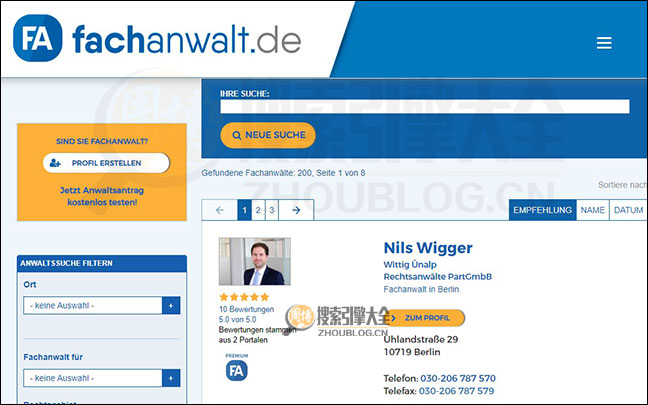 Fachanwalt搜索结果页面图