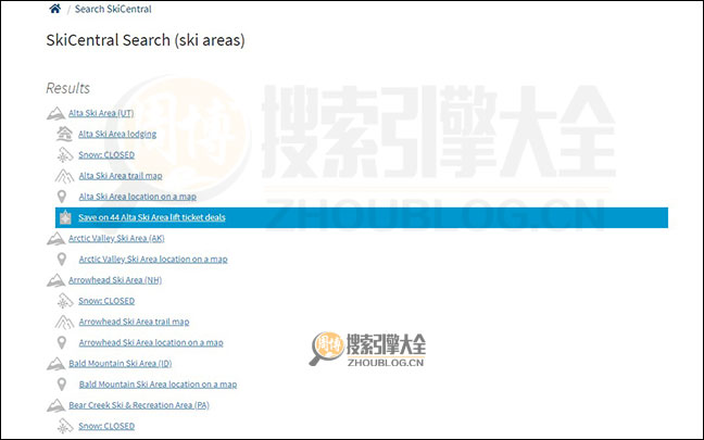 SkiCentral搜索结果页面图